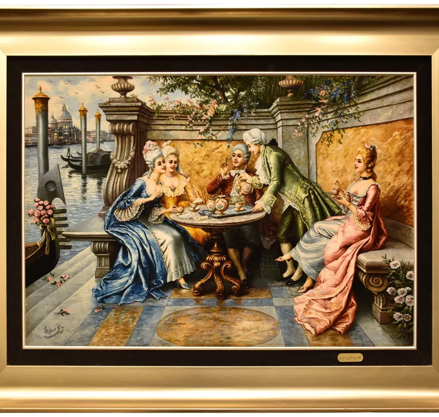 قیمت خرید تابلو فرش دستباف طرح گپ عصرانه ونیز